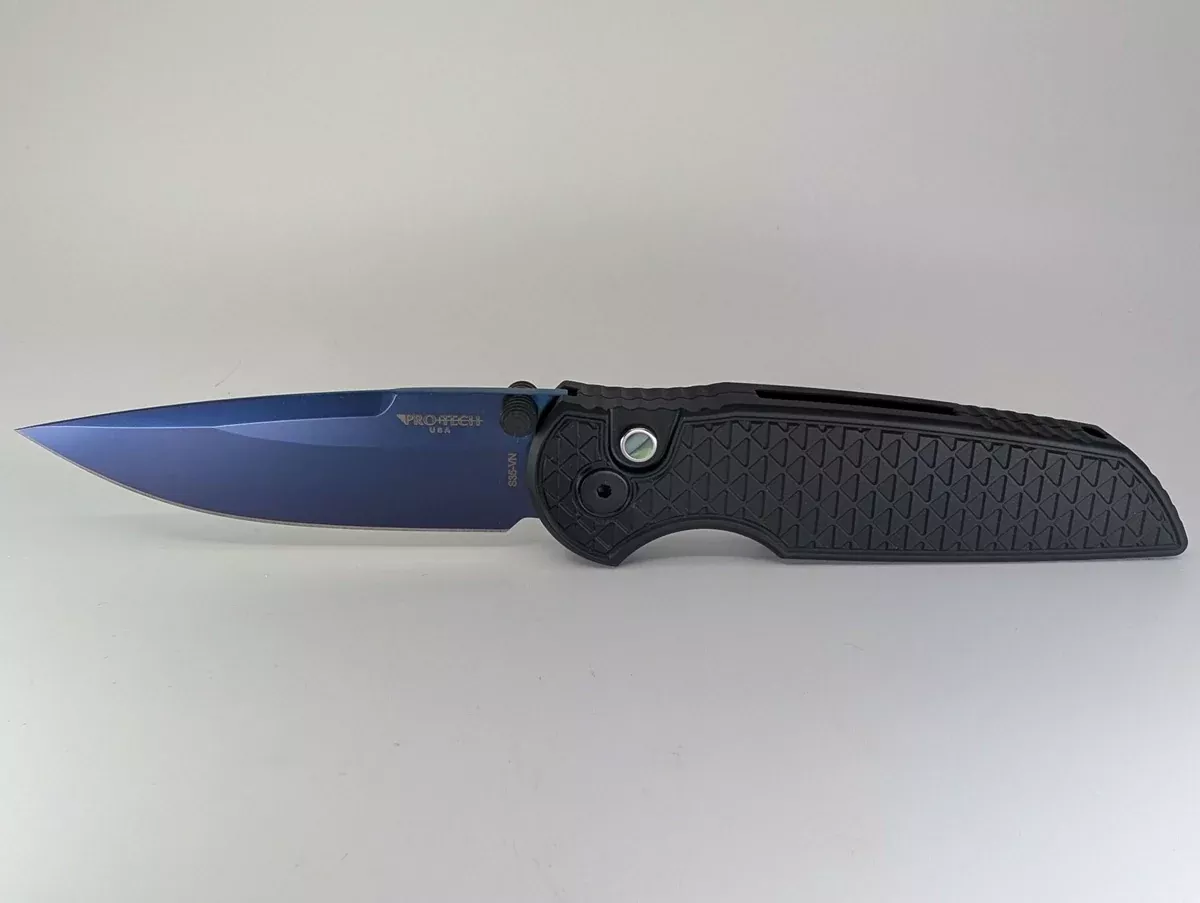 Protech TR-3 Integrity Relic Black w/ Sapphire Blue Blade Buttonlock Folding Knife