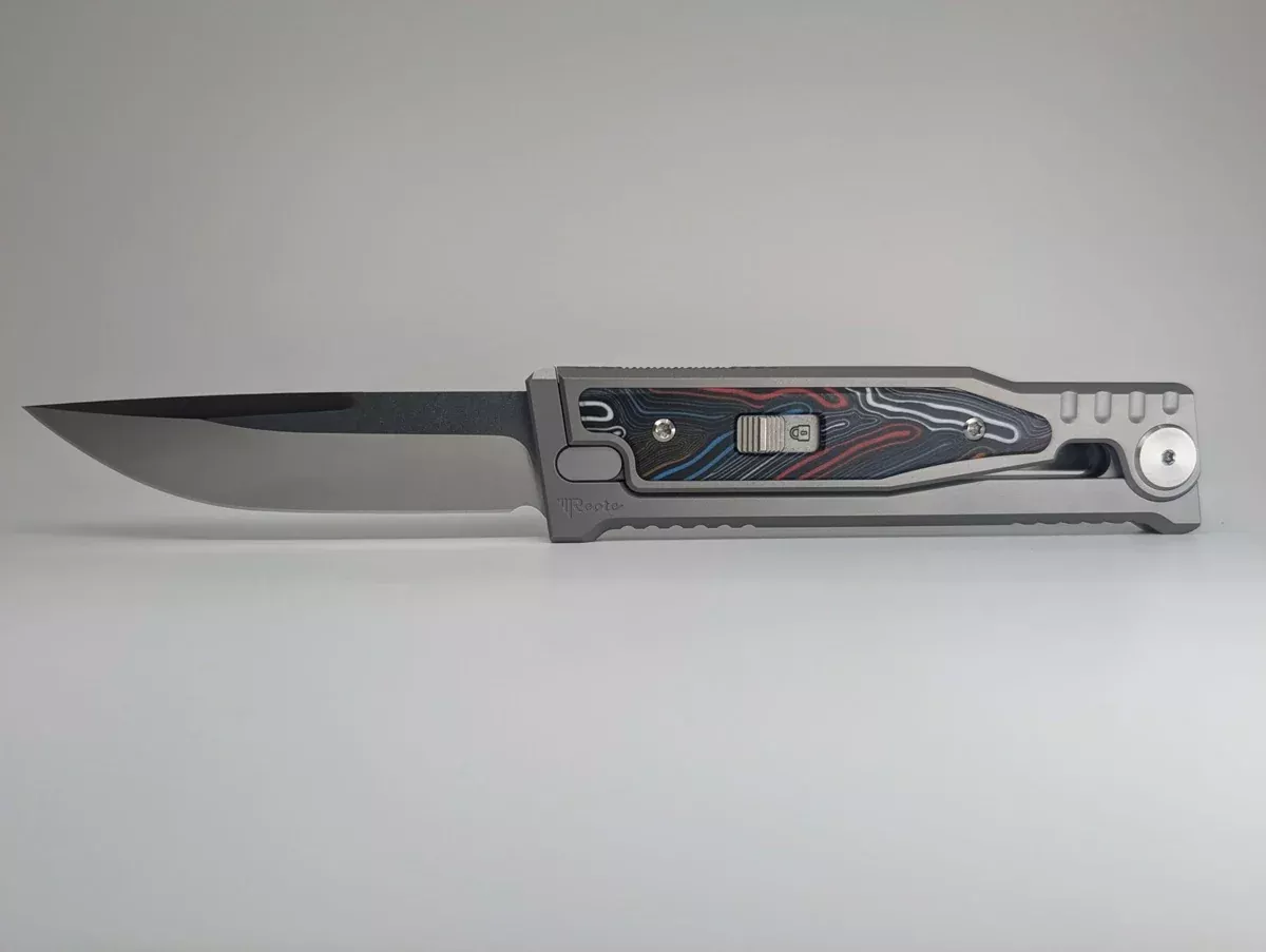 Reate EXO-M Damascus Red/White/Blue Handle Design Satin Drop Point Blade Gravity Knife
