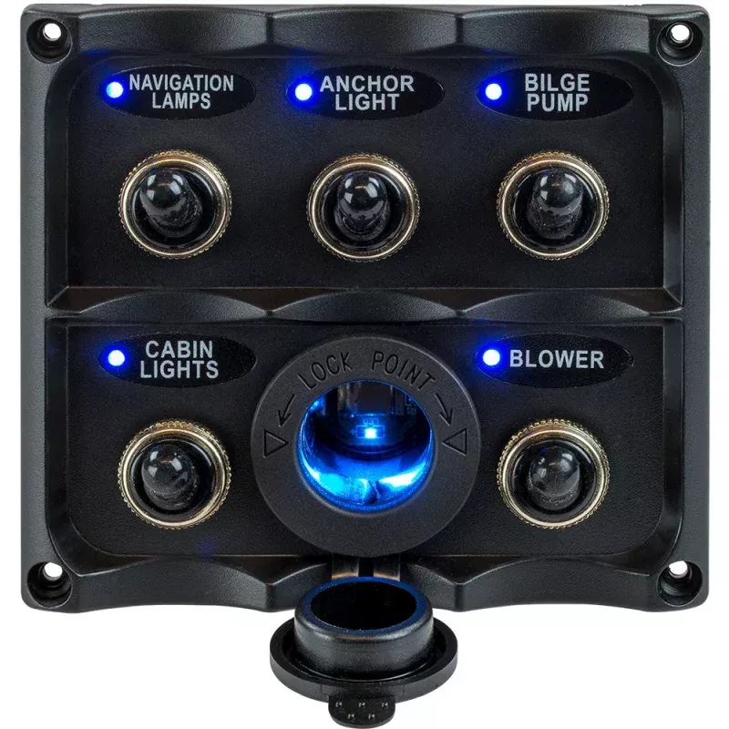 Sea-Dog Water Resistant Toggle Switch Panel w/LED Power Socket – 5 Toggle