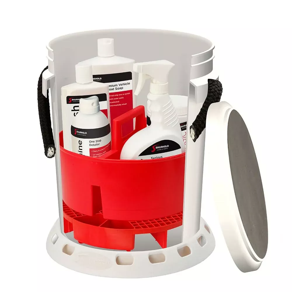 Shurhold 5 Gallon White Bucket Kit – Includes Bucket, Caddy, Grate Seat, Buff Magic, Pro Polish Brite Wash, SMCSerious Shine [2465]