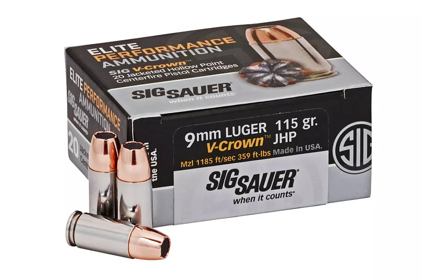 Sig Sauer  9mm Luger 115 gr JHP Elite V-Crown 20/Box