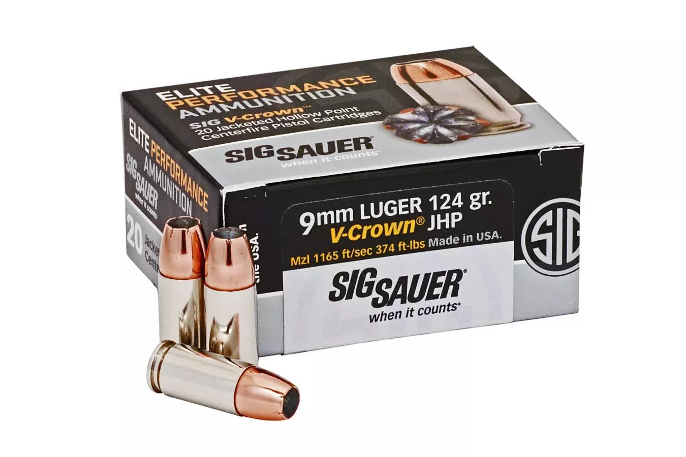Sig Sauer  9mm Luger 124 gr JHP Elite V-Crown 20/Box