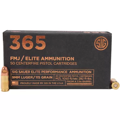 Sig Sauer E9mmB136550 Elite Ball 9mm 115 GR FMJ 50 Rounds, E9MMB1-365-50