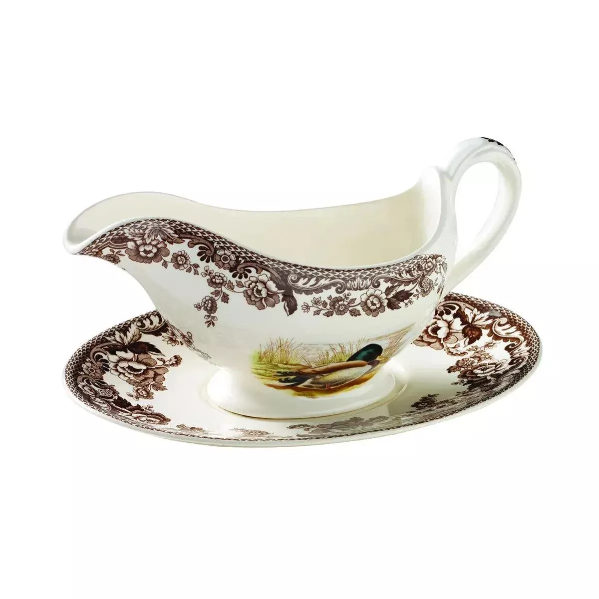 Spode Woodland 11 oz Sauceboat & Stand Mallard/Snipe/Rabbit