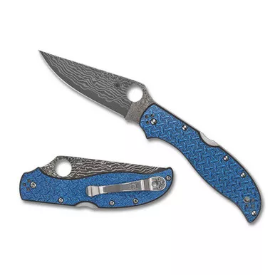 Spyderco C258GFBLP Stretch 2 XL Folding Knife 3.96" VG-10/Damascus Plain Edge Blade, Blue Nishijin Handle