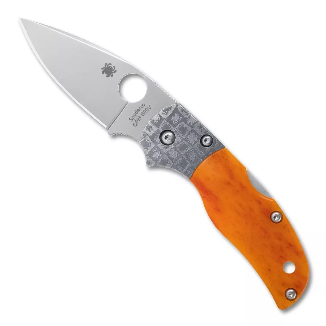 Spyderco C41BA50TH Native 5 50th Anniversary Sprint Run Folding Knife, 2.95″ CPM-S90V Satin Plain Blade, Amber Bone Handles with Mosaic Damascus Bolsters, Wooden Presentation Box (Sprint Run)