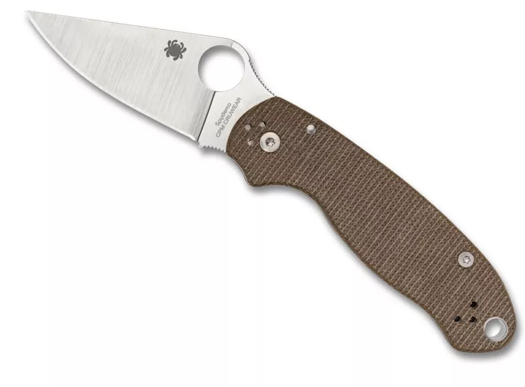 Spyderco Para 3 Compression Lock Folding Knife, 2.95″ CPM-CruWear Plain Edge Satin Blade, Brown Micarta Handles W/Clip