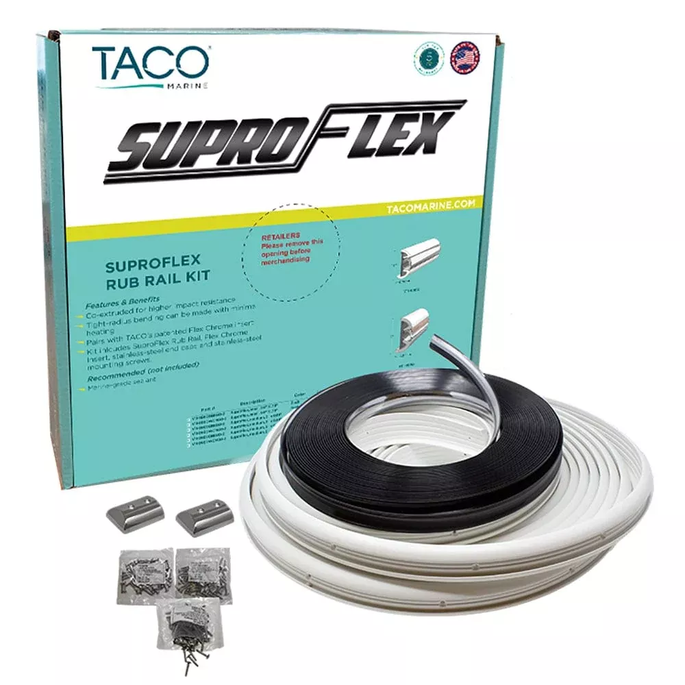 TACO SuproFlex Rub Rail Kit – White w/Flex Chrome Insert – 2″H x 31/32″W x 80’L