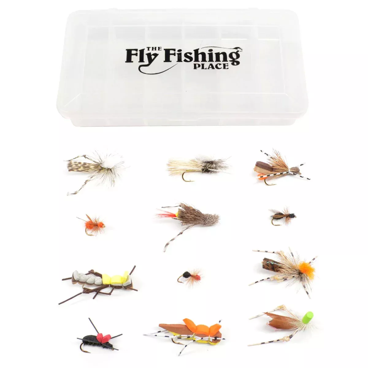 Trout Fly Assortment – Essential Terrestrials Fly Fishing Flies Collection – Includes Foam Hoppers, Ants, Beetles, and Cicadas – 1 Dozen Trout Flies with Fly Box