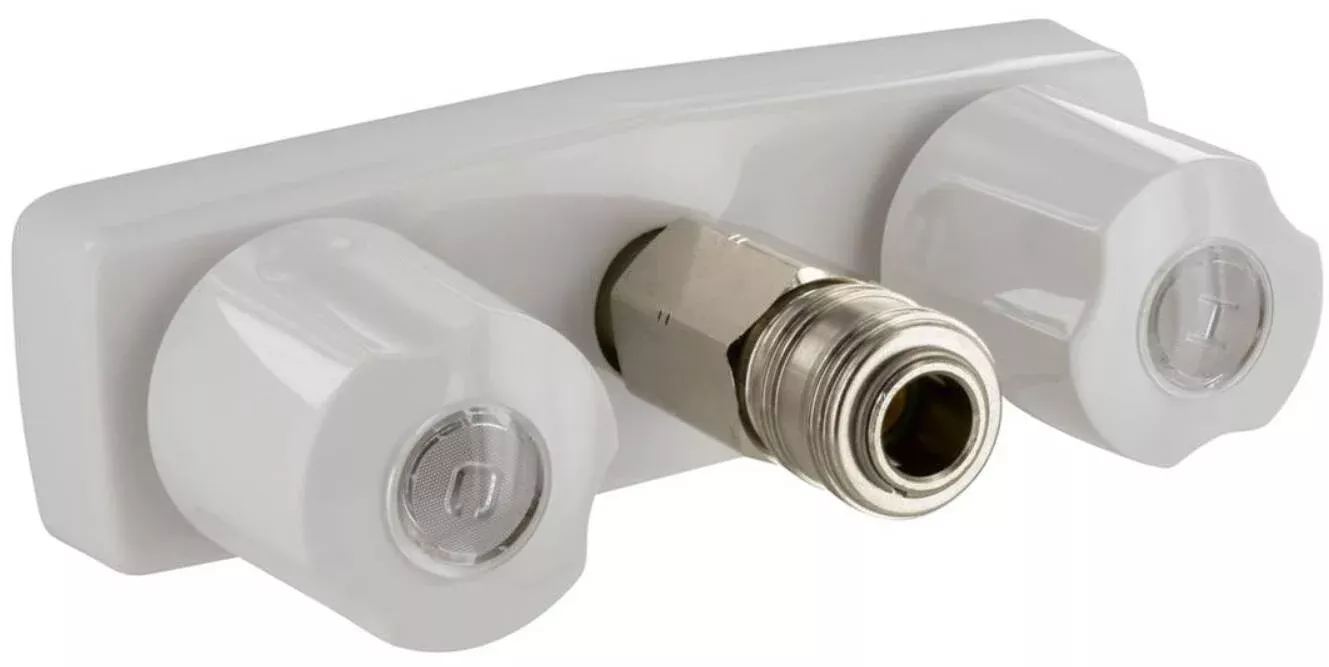 Valterra D&W, Spray-Away 4″ Hot/Cold Replacement Valve w/ Quick Connect, Plastic Cartridge, 1-1/2″ Shank, White with Acrylic Knob Handles• PF213247