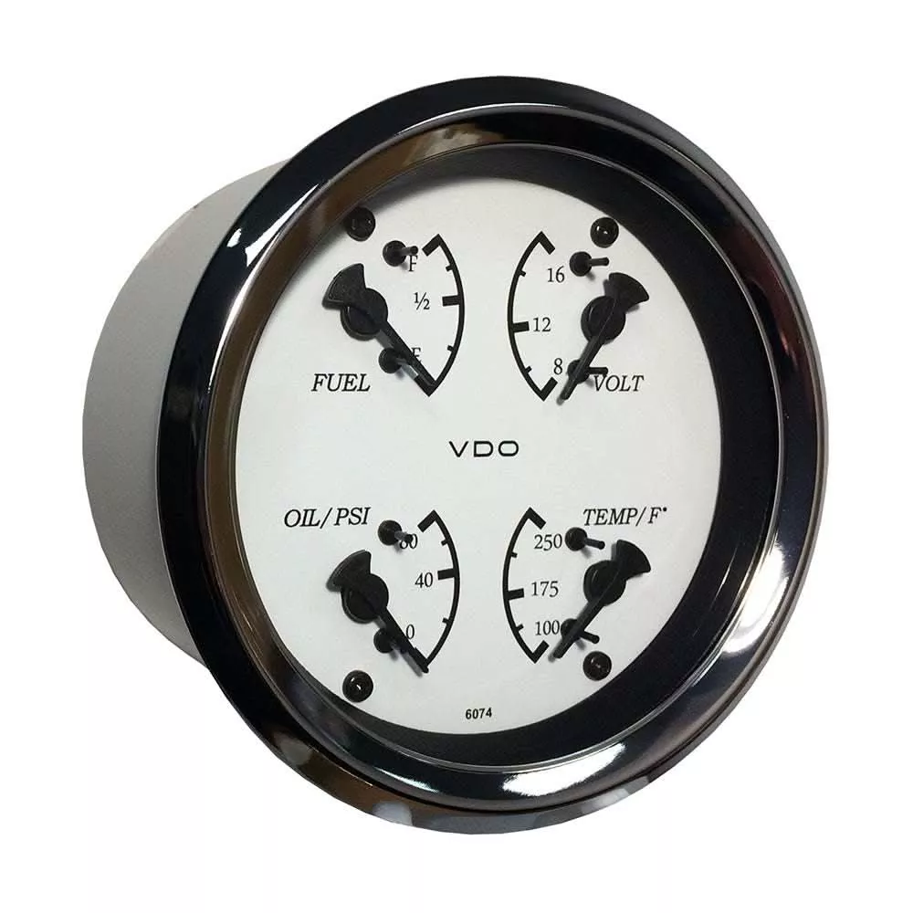 VDO Allentare 4 In 1 Gauge – 85mm – White Dial/Black Pointer – Oil Pressure, Water Temp, Fuel Level, Voltmeter – Chrome Bezel – 110-15800