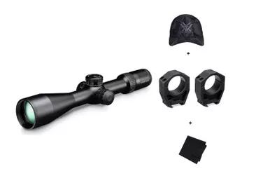 VORTEX Strike Eagle FFP 5-25x56 EBR-7C MRAD Reticle Riflescope with Precision Matched 34mm Scope Rings and Logo Black Camo Hat and Microfiber Cleaning Cloth (SE-52504+PMR-34-145+121-53-BCA+MF)