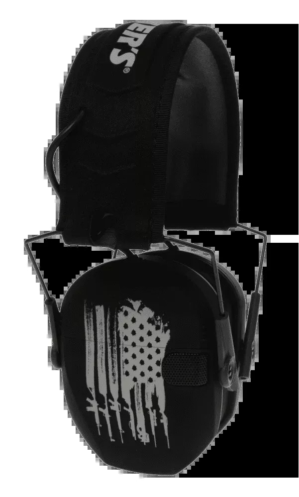 Walker’s WPRSEMFSFLG Razor Slim Electronic Freedom Muff 23 DB Over The Head Black W/Distressed U.S Flag Polymer