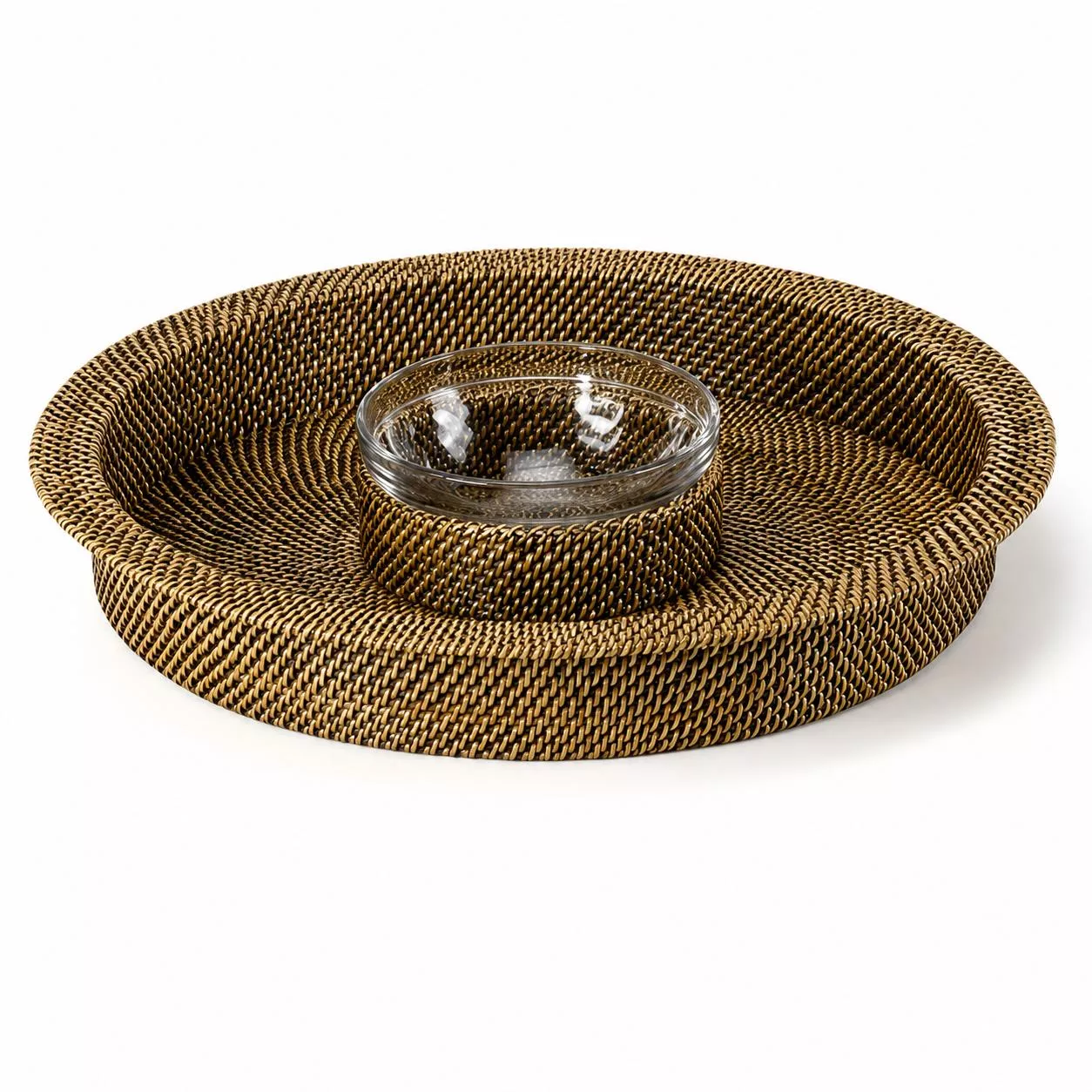 Wicker Round Chip & Dip Tray with Glass Dish